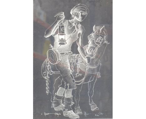 After ROBERT OLLEY; a black and white signed limited edition print depicting a young miner holding a lamp beside a donkey, si