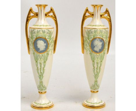 ALBION BIRKS FOR MINTONS; a pair of c.1900 porcelain pate-sur-pate decorated vases of slender baluster form, stylised gilt tw