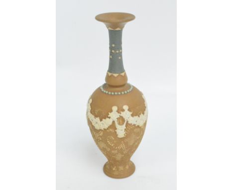 A Royal Doulton Slater's Patent Silicon "Part Chiné Ware" vase, the long neck above swag relief decorated body with various i