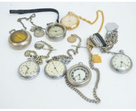 Seven various chrome plated crown wind open face pocket watches, including Ingersoll example on curb chain suspending a white