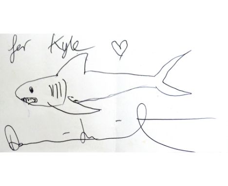 DAMIEN HIRST (b.1965); ink sketch "For Kyle", study of a shark, signed, 8 x 18.5cm, unframed, vertical fold. The vendor met D
