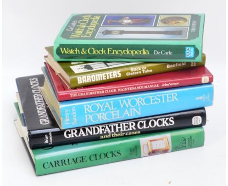 Six antiques reference books including carriage clocks, grandfather clocks, barometers, a grandfather clock maintenance manua