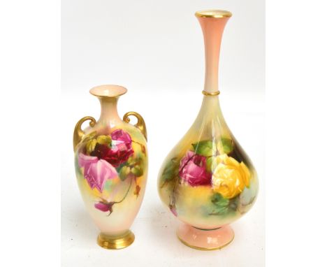 A Royal Worcester hand painted rose and butterfly decorated baluster vase, green printed marks to base, numbered 307/10, heig