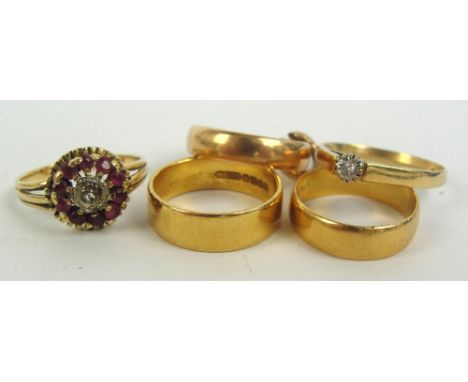 Two 22ct yellow gold wedding bands, an 18ct example, a diamond solitaire ring, stone approx 0.15cts, size O/P, and an 18ct go