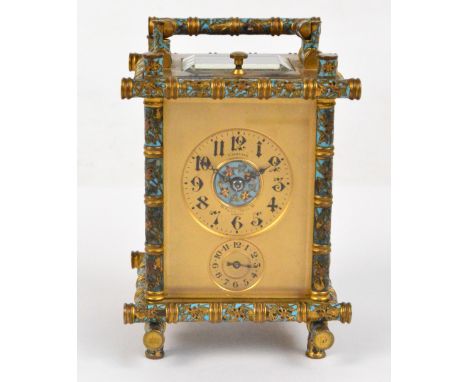 ****AMENDED DESCRIPTION**** A 19th century French brass and enamel decorated repeating carriage clock with simulated bamboo d