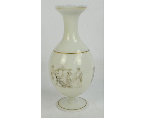 A c.1850 opal glass vase of bellied form raised on a spreading circular foot, by George Bacchus & Sons of Birmingham, with tr