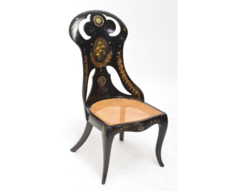 A 19th century papier mâché cane seated chair by Bettridge & Co, Birmingham, with mother of pearl inlay, painted and gilded d