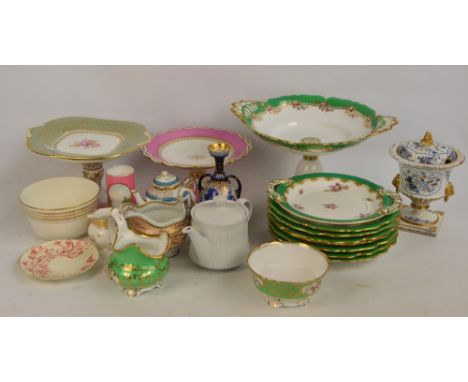 A quantity of predominantly 19th century English decorative porcelain dessert ware to include a twin handled comport with flo