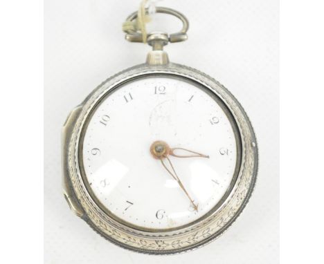 A George III hallmarked silver pair cased open face key wind pocket watch, the circular enamel dial set with Arabic numerals,