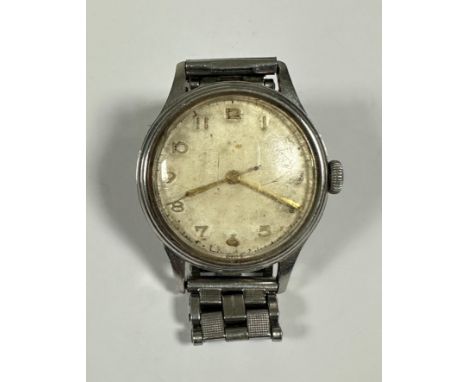 A gentleman's vintage stainless steel wristwatch with manual movement and silvered dial, with gilt Arabic numerals, with seco