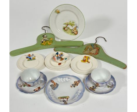 A set of three 1920s children's teaset saucers, decorated with Jack and Jill, Little Bo Peep, Little Jack Horner, a Continent