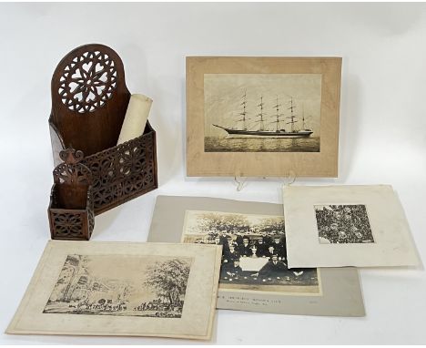 Two elm candle boxes with pierced decoration (largest h- 39cm, w- 23cm), together with a group of photographs including Georg