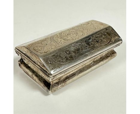 An 18thc Dutch white metal panelled snuff box with traditional floral scrolling decoration and plain interior, one section of