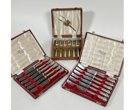 Two boxes containing six Sheffield silver handled tea knives, retailed by Harrods, London, in original fitted boxes, show gen