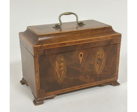 A George III mahogany inlaid caddy topped tea caddy with brass swan neck handle to top and rosewood inlaid and satinwood stru