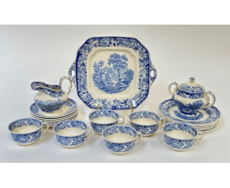 A blue and white Copeland Spode Rhine style tea service comprising, six teacups, a milk jug, a sugar pot, a serving dish, six
