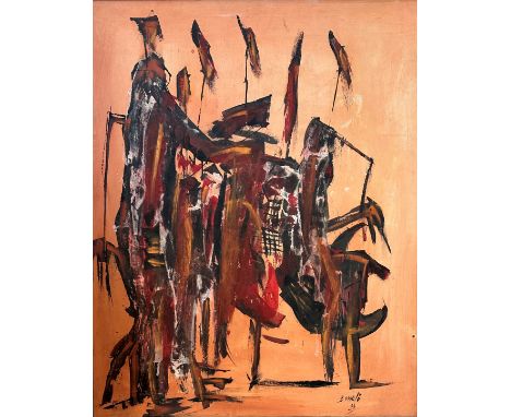 Russel, Masai Warriors, oil on panel, signed bottom right and dated '06, in stained frame (97cm x 77cm)