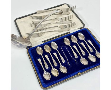 A set of twelve Epns engraved teaspoons complete with fitted case, an Epns soup ladle and a set of six Old English pattern ta