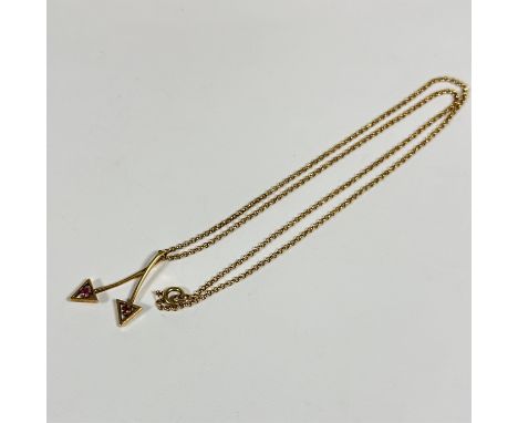 A twin arrow pendant set pale pink stones, in open work triangular claw mounted setting, on 9ct gold belcher link chain, (L: 