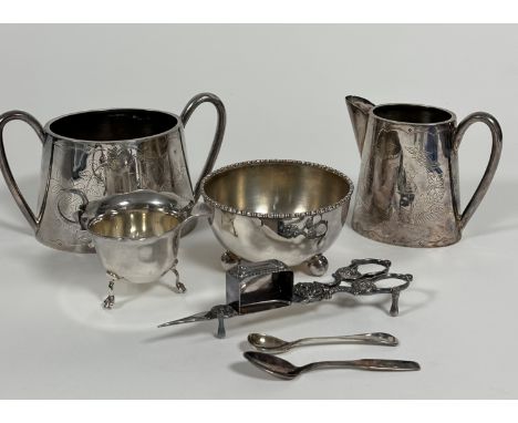 An Epns oval two handled sugar basin and matching cream ewer of tapered cylinder form, with engraved initial JML, a bead rimm