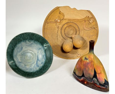 A D. Cohen bell shaped vase with iron oxide glazed lower panel, signed verso (23cm x base: 20cm x 3cm), a pottery circular fr