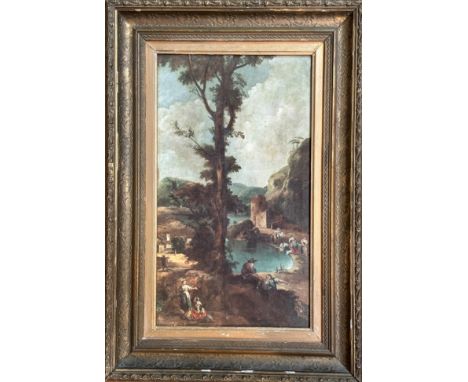A glazed reproduction print in gilt composition frame, after 19thc Continental School, with Figures washing Clothes (45cm x 2