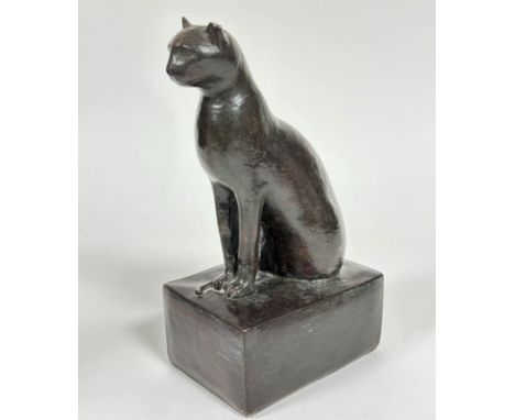 A plaster cast model of a Seated Cat on rectangular base, unsigned, with baize verso (30cm x base: 11cm x 16cm)