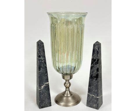 A pair of grey soapstone obelisks (32cm x base: 6cm x 6cm), a polished metal based lustre, moulded glass storm style lantern 