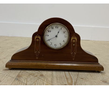 An early 20th century mahogany dome top mantel clock, white enamel dial with Arabic chapter ring, drench drum time piece move