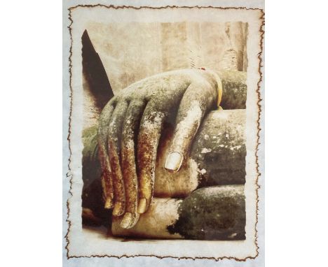A photo lithograph on handmade paper, Bronzed Buddhist Hand, in stained glazed frame (39cm x 29cm)