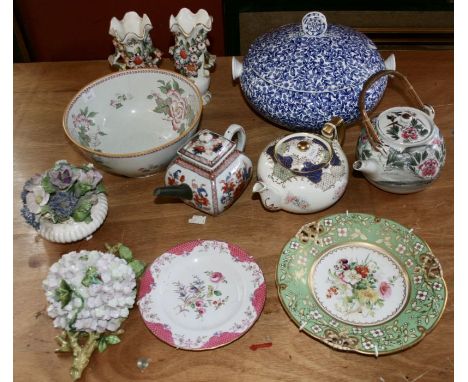 A collection of ceramics comprising:- three teapots one with a metal spout (lid cracked and crudely repaired), another with a