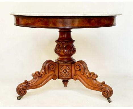 GUERIDON/CENTRE TABLE, mid 19th century French mahogany with channeled circular and veined white Carrara marble top on carved