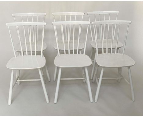FARSTRUP DINING CHAIRS, a set of six Danish made, white painted with arched stick backs,  41cm W. (6) 