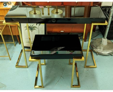 CONSOLE AND SIDE TABLE, Art Dec style, gilt metal and smoked glass, 116cm x 39cm x 80cm. (2) 