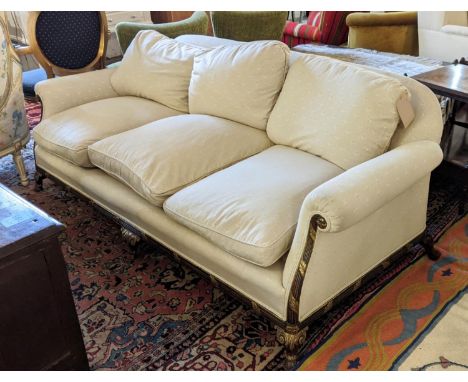 SOFA, 102cm x 73cm H x 193cm, in a cream self patterned fabric with reeded and carved wooden showframe with gilt detail. 