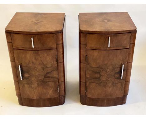 ART DECO BEDSIDE CABINETS, a pair, burr walnut each bow fronted with drawer and door. (2) 