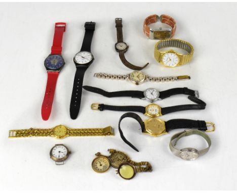 A quantity of modern and vintage wristwatches, to include two Swatch watches, also some fabric watch straps, etc.