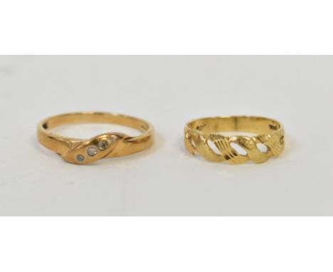 A 14ct gold ring with open diagonal decoration, size K, approx 1.6g, together with a 9ct gold ring pavé set with three tiny w