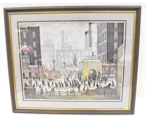 AFTER L S LOWRY; a coloured print 'Coming From The Mill', unsigned, from the 'Lowry Collection Salford', 45 x 57cm, framed an