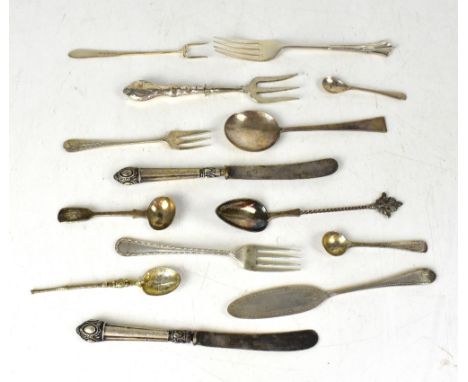 Various items of hallmarked silver cutlery to include salts, mustard, teaspoon, forks, seafood fork, Apostle spoon, two knive