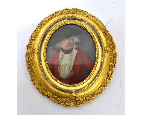 A late 17th/early 18th century oval oil on board, portrait of a Georgian gentleman in bicorne hat, unsigned, 17 x 13cm, in gi