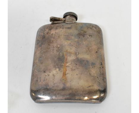 A George VI hallmarked silver hip flask, with initials OWP engraved to the front, 12 x 9cm, Sheffield 1941, indistinct maker'