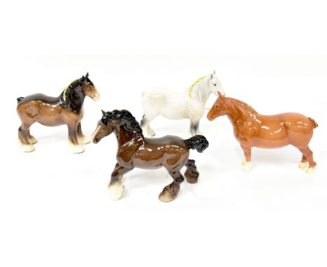 BESWICK; four gloss shire horses, Suffolk Punch Champion 'Hasse Dainty', light chestnut, a cantering shire, no.975, brown, an