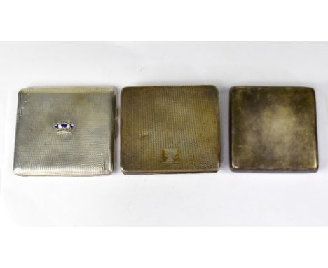Three hallmarked silver cigarette cases, comprising a George V Art Deco style example with enamelled coronet to front, engine