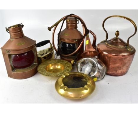 Various mixed copper and brass items to include a brass and copper style French hunting horn, two ship style lanterns, one la