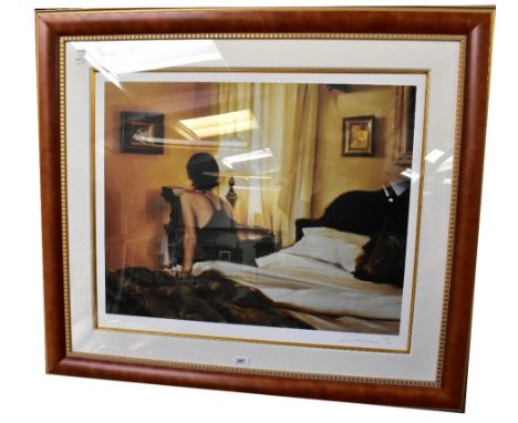 CARRIE GRABER (b 1975); a signed limited edition print, interior scene with a lady sitting on a bed, signed lower right, no.5