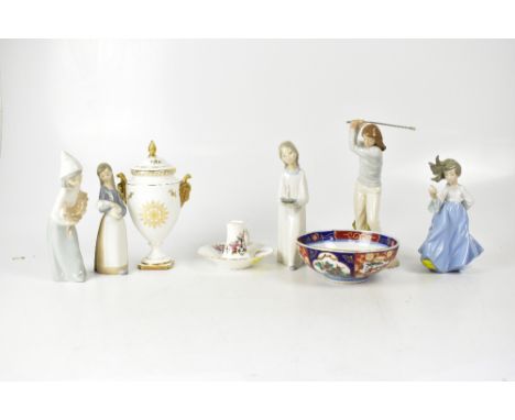 Various collectible porcelain figures to include three Lladró examples, comprising a girl with chicken, a girl with piglet an