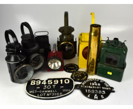 Various vintage railway hand lanterns to include a B.R. (M). example, later repainted, with red lens, an LMS hand lamp, a 22/