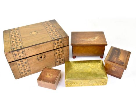 Five various wooden boxes to include a Japanese money box in the form of a house, the top panel decorated with Mount Fuji, wi