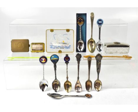 A group of maritime related commemorative items, to include ten white metal ships' spoons, some with enamelled tops, some pla